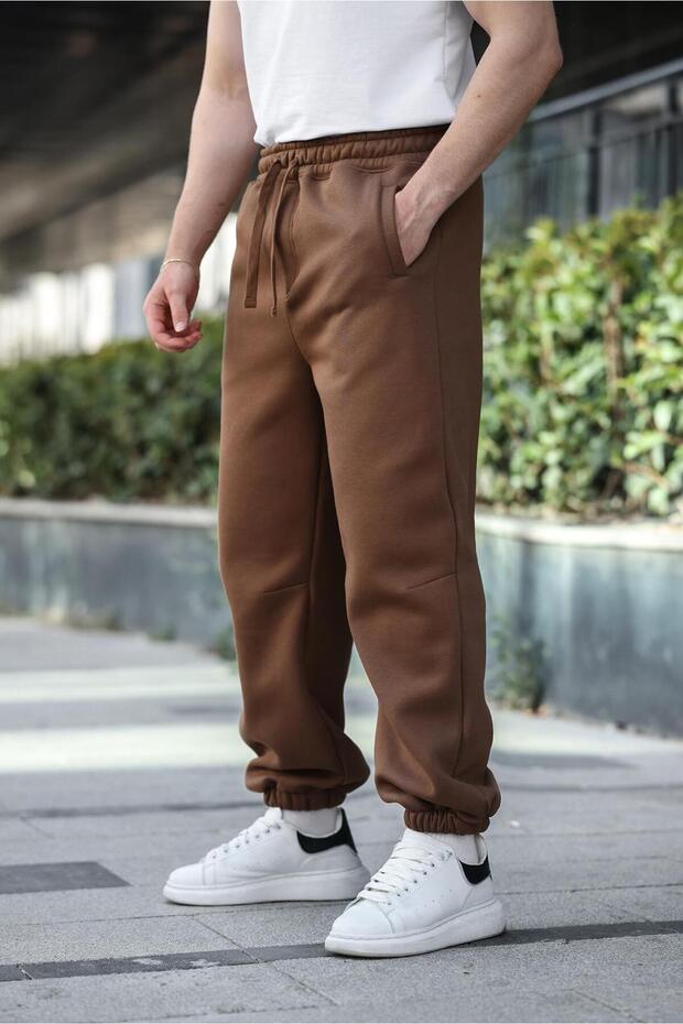 Brown Relaxed Fit Men's Sweatpants with Elasticated Cuffs E6579