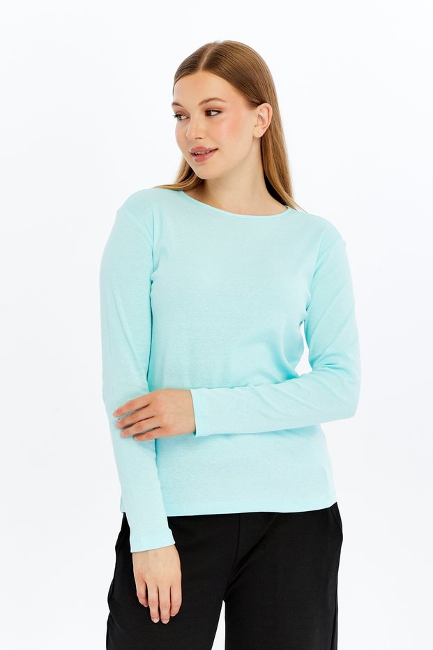 Women's Crew Neck Long Sleeve Regular Fit Basic T-Shirt Turquoise