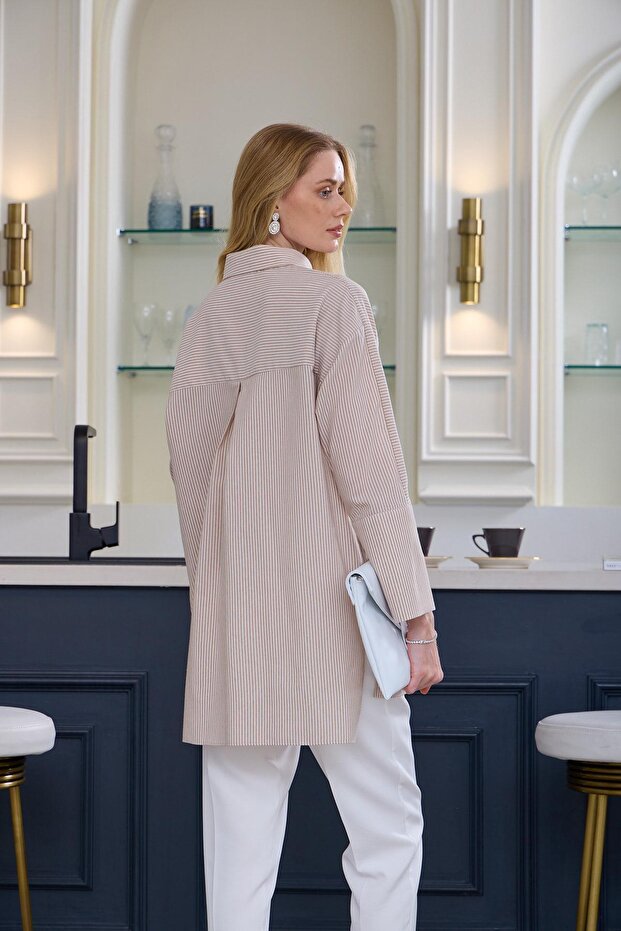 Marwa by moodbasic ÇİZGİLİ FRANSIZ DANTEL DETAYLI GÖMLEK - 5