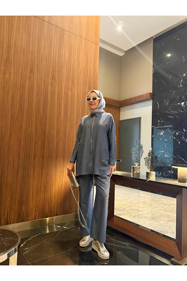 TAŞLI FERMUARLI KETEN TAKIM - 3