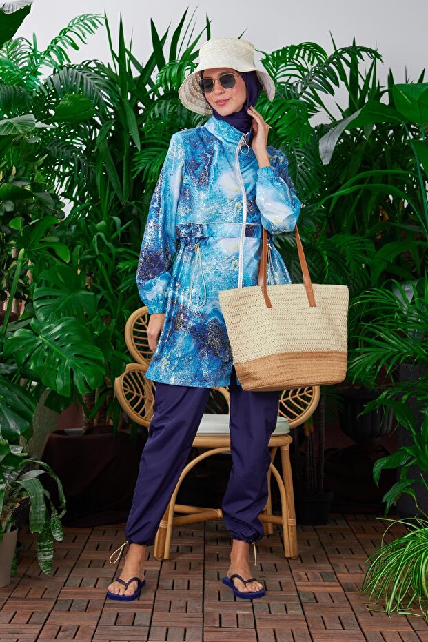 Gold marble patterned hijab swimwear - 1