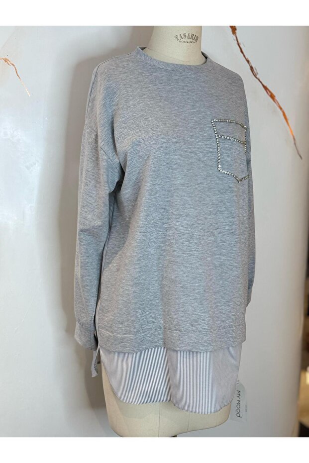 TAŞLI CEPLİ DANTELLİ SWEATSHIRT - 4