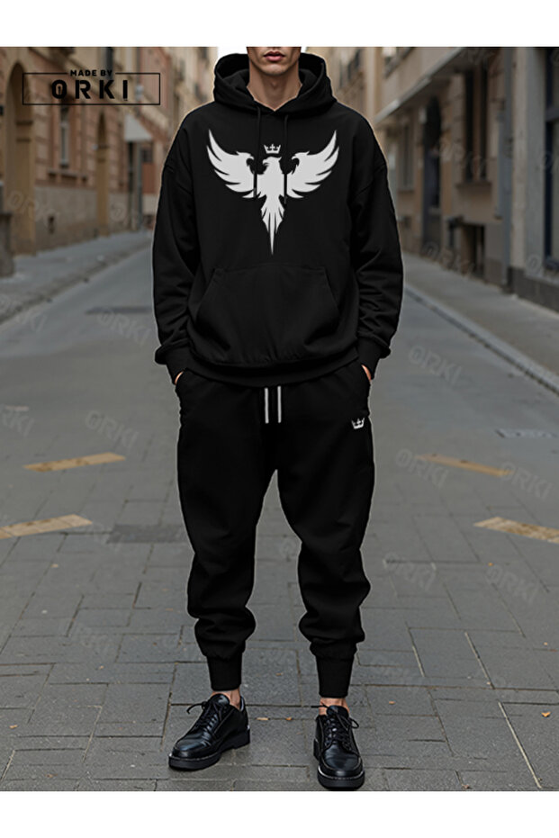 Crowned Eagle Printed Black Oversized Hooded Sweatshirt Black Pants Jogger Tracksuit Set