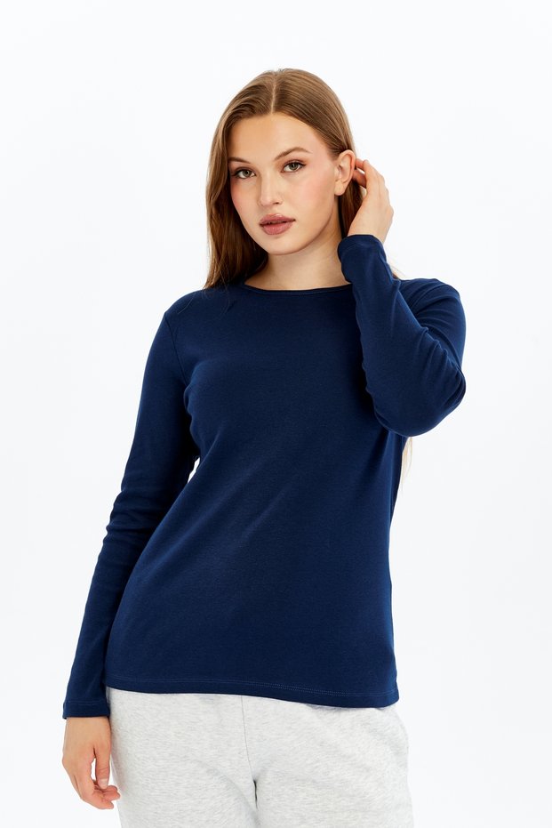 Women's Crew Neck Long Sleeve Regular Fit Basic T-Shirt Navy Blue