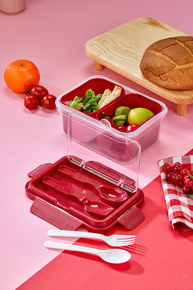 Two-Compartment Lunch Box with Fork-Spoon Compartment and Locking Lid and Food Storage Container - Red - 4