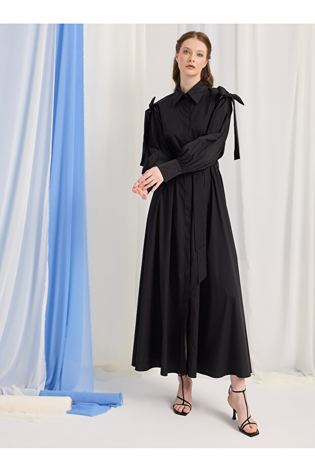 Black Bow Poplin Long Dress
