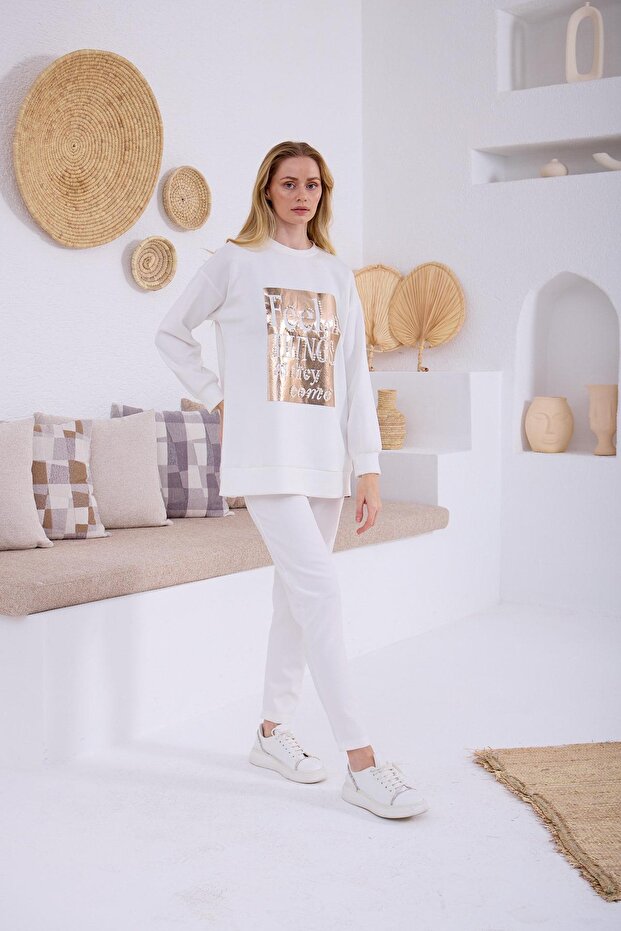 İNCİ DETAYLI BASKILI SWEATSHIRT - 1