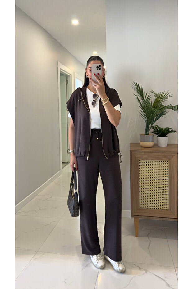 Onwey Brown Zippered Vest Pants Modal Set