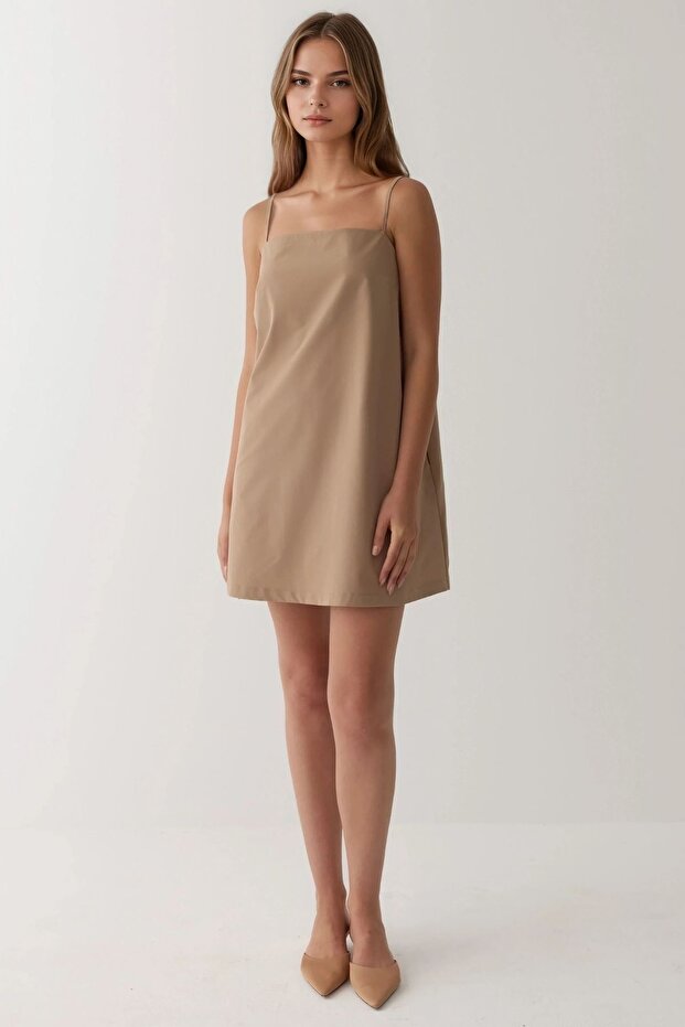 Kare Yaka Rahat Cepli Mini Elbise - 1