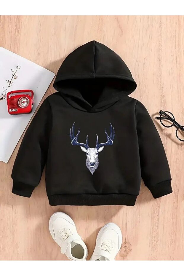Deer Head Printed Casual Hooded Sweatshirt for Children