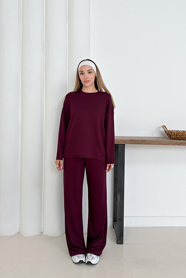 Women's Burgundy Modal Fabric Long Sleeve Basic Tracksuit Set