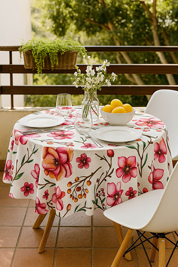 Round Tablecloth 150X150 cm Floral Patterned Duck Fabric
