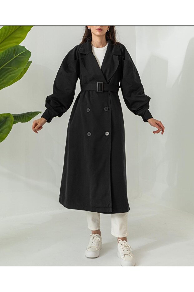 Women's Buttoned Belted Oversize Black Trench Coat