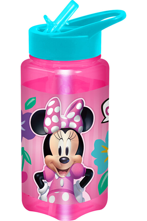 Minnie Mouse Square Water Bottle for Kids – 500ml, Leak-Proof Flip Straw Lid – Pink