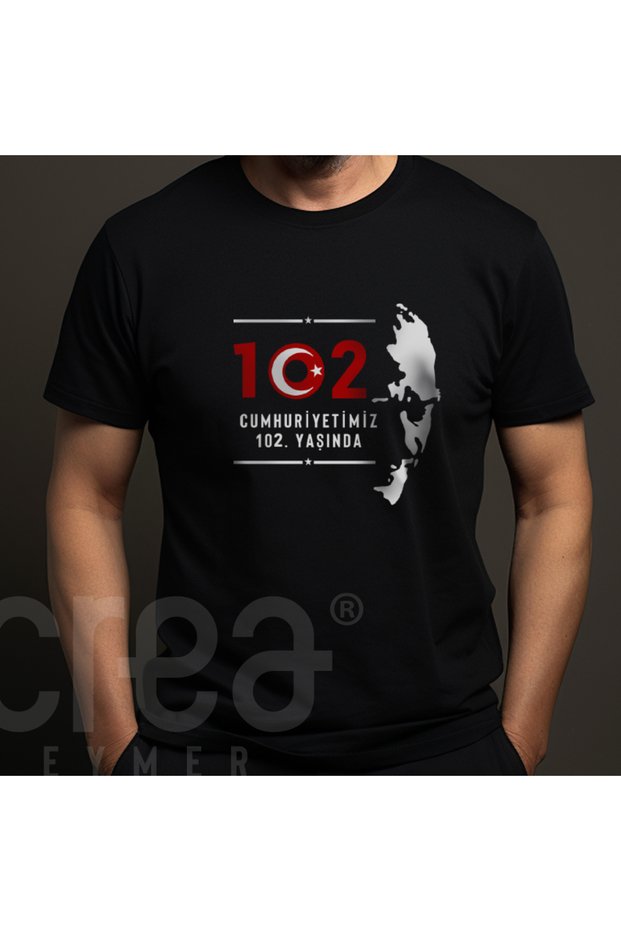 102Nd Anniversary of the Republic of Turkey Atatürk Designed Printed Cotton Crew Neck T-Shirt Black-Black / Red-Red