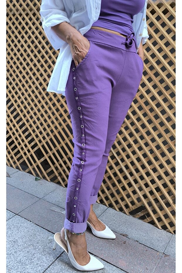 Italian Eyelet Stripe Trousers Purple