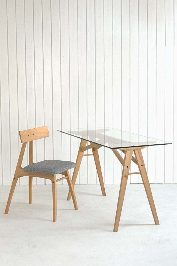 Akrobat Kayın Masif Ayaklı Cam Çalışma Masası, Ahşap Çalışma Masası, Iskandinav Masa, Modern masa - 7