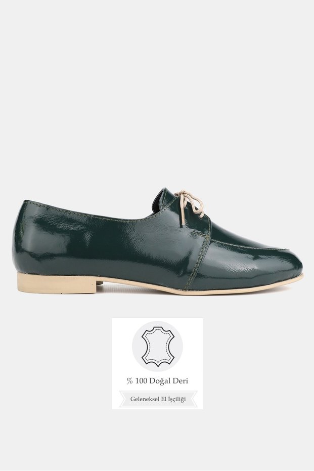 Women's Green Patent Leather Genuine Natural Leather Size 36-41 Lace-Up Flat Shoes