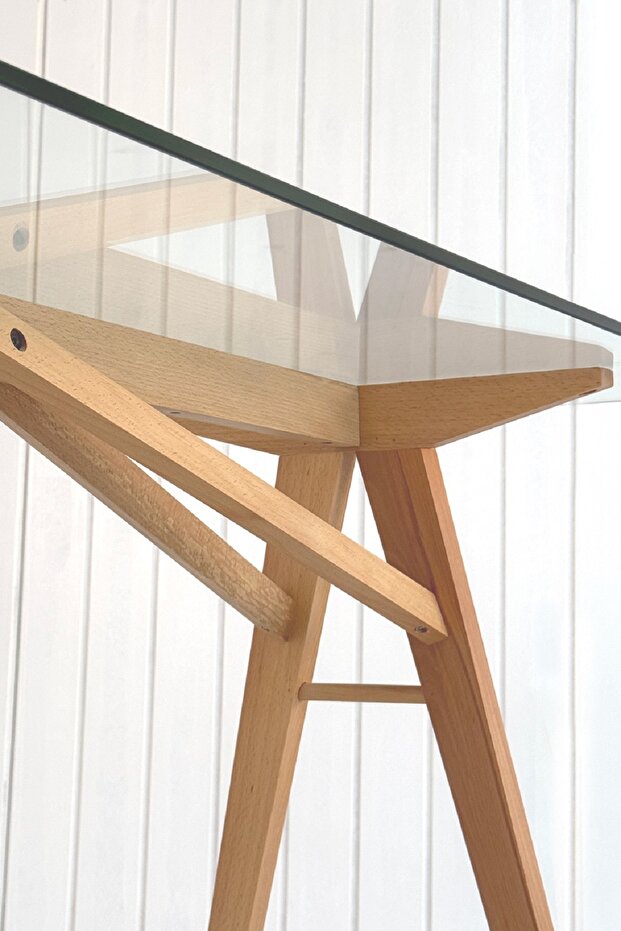 Akrobat Kayın Masif Ayaklı Cam Çalışma Masası, Ahşap Çalışma Masası, Iskandinav Masa, Modern masa - 6