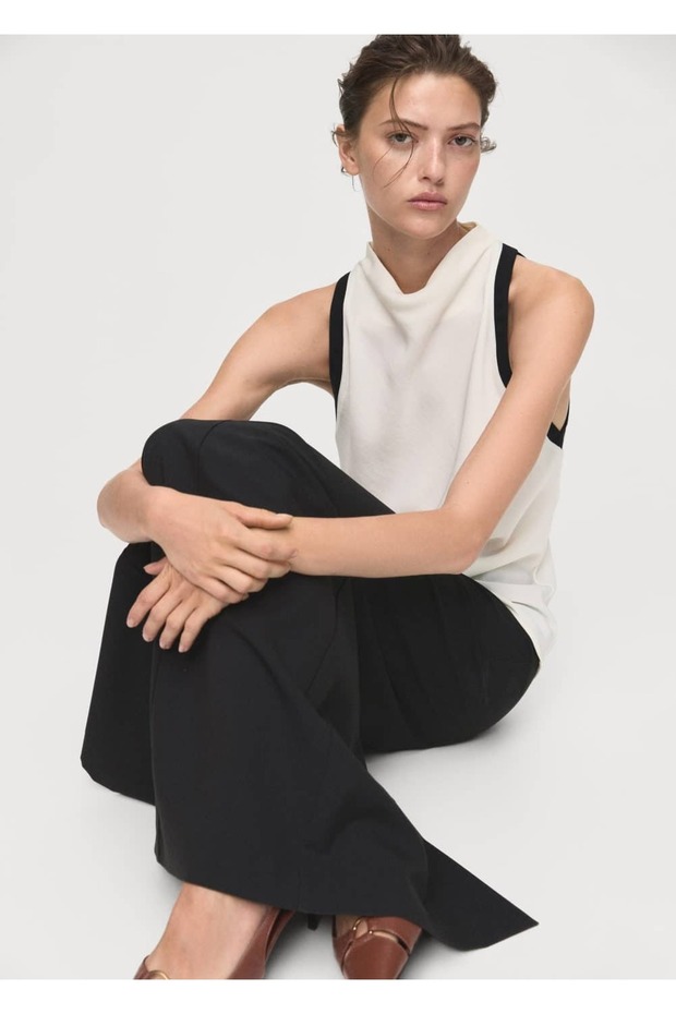 Drape yaka kontrast detaylı bluz - 1