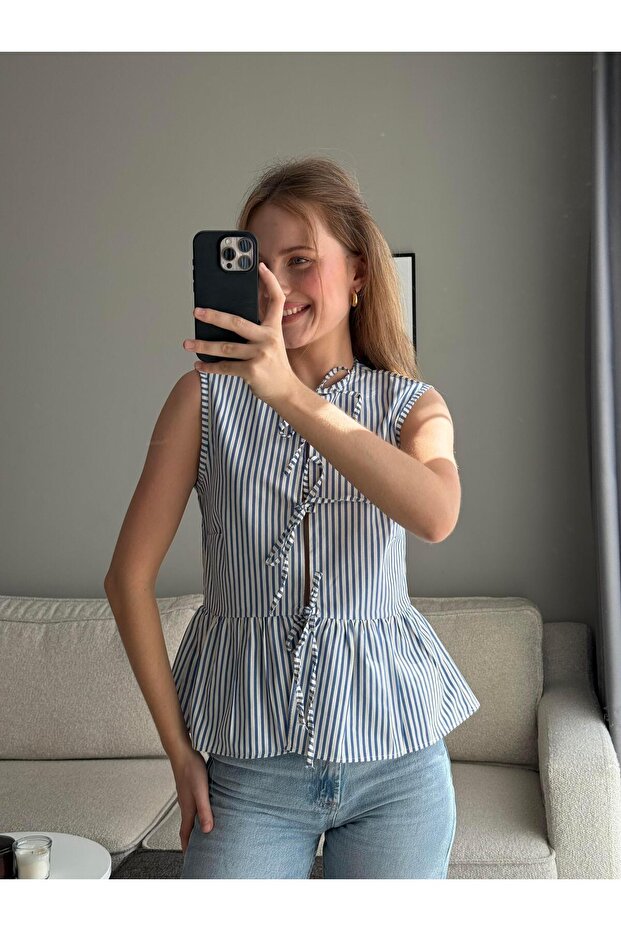 Front Tie Sleeveless Woven Blouse Blue