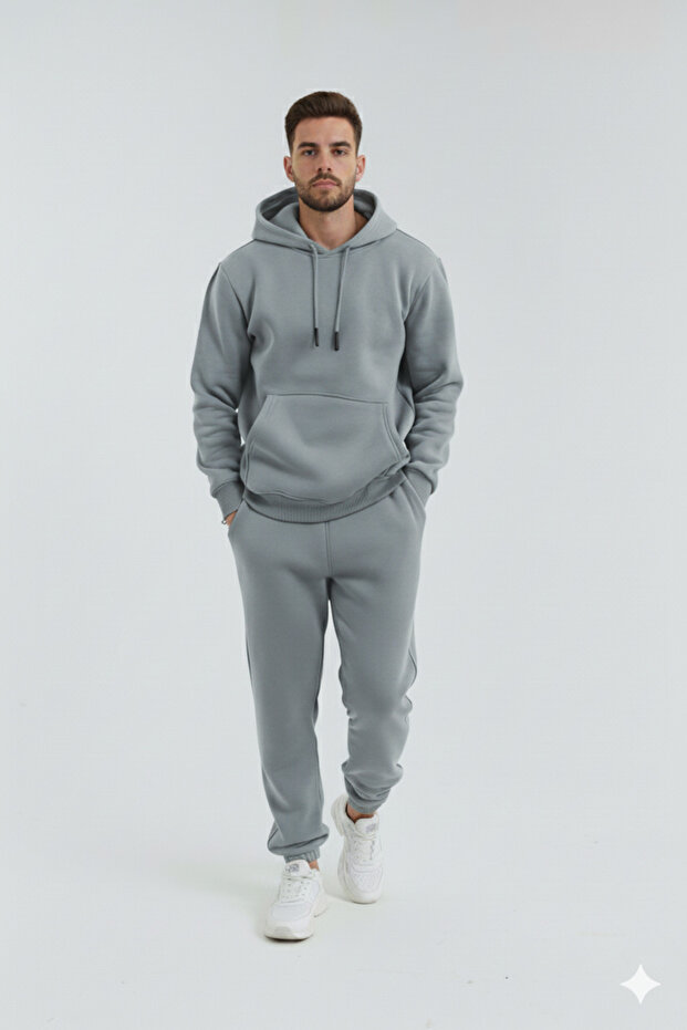 Three Thread Compact Hooded Kangaroo Pocket Cotton Lined Soft Oversize Tracksuit Set