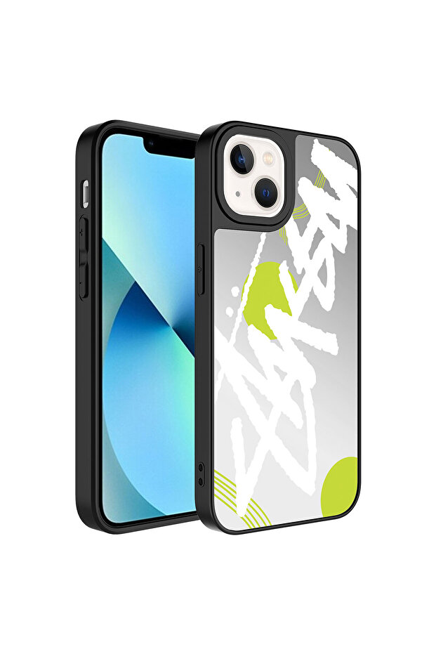 iPhone 13 Compatible Mirrored Patterned Camera Protected Glossy Ecrz Mirror Case-Text - 1