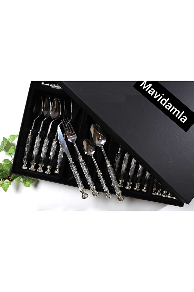 24 Piece Crystal Handle Dinner Set Silver