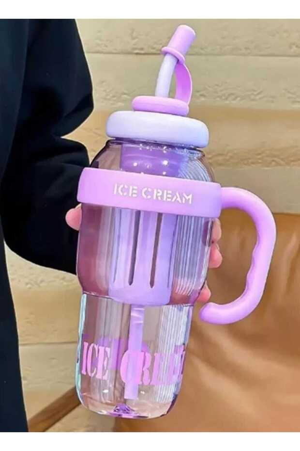 Ice Cream Designed Water Bottle with Straw 1.3 Liter Large Volume, Transparent Color Flask, Leak-Proof Lid