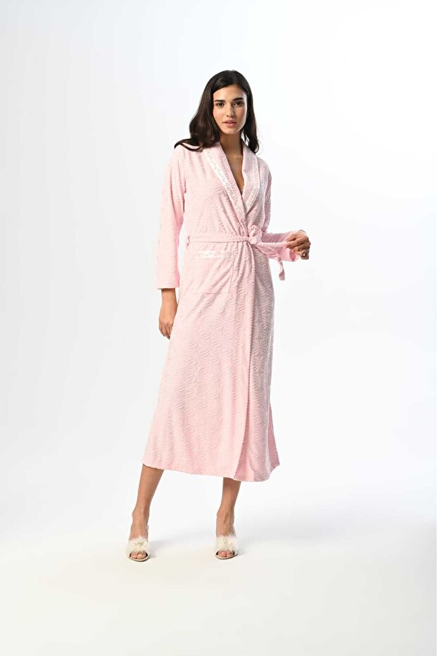Women's Pink Jacquard Shawl Collar Winter Special Design Dressing Gown