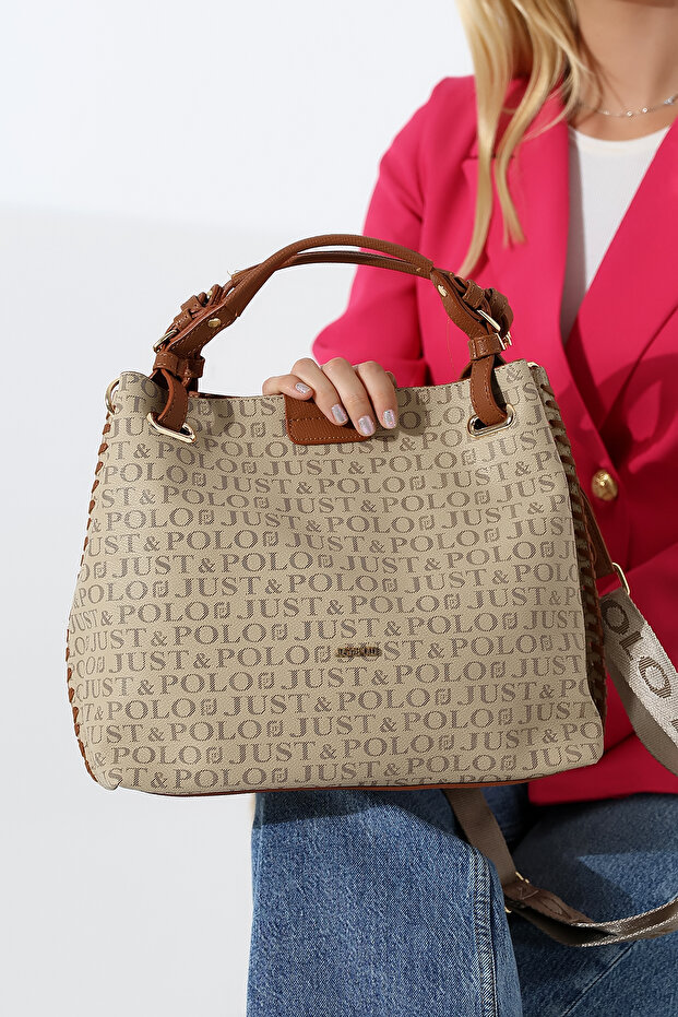 Large Size Hand Knitted Detailed Sand Tan Wide Strap Women's Shoulder and Hand Bag