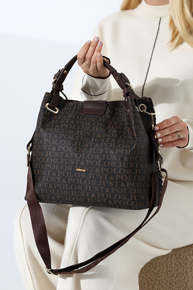 Large Size Hand Knitted Detailed Brown Wide Strap Women's Shoulder and Hand Bag