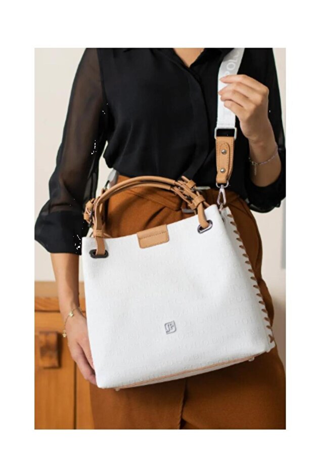 Large Size Hand Knitted Detailed Tan Wide Strap Women's Shoulder and Hand Bag Helen