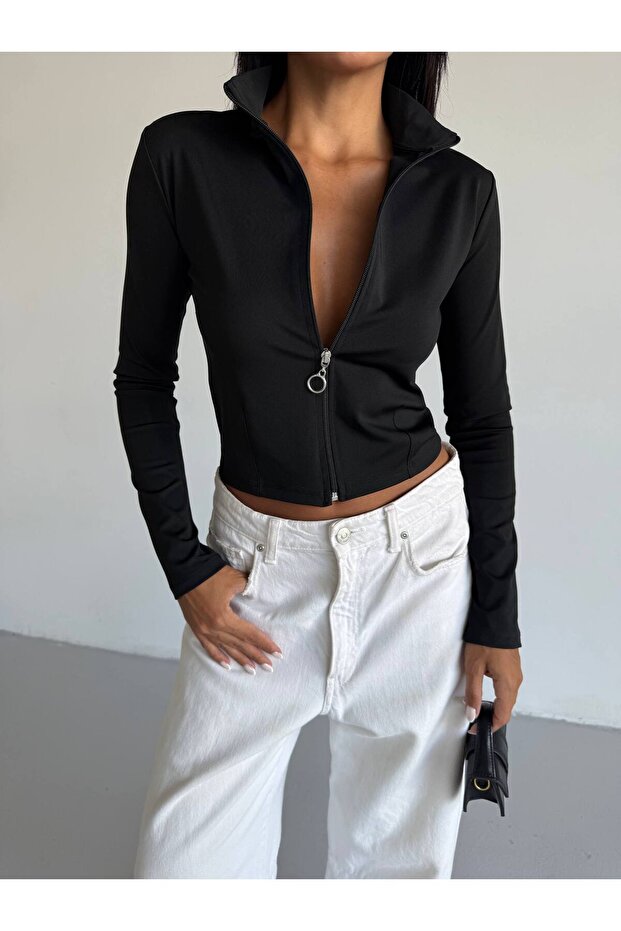 Zippered Mock Neck, Finger-Hole Scuba Fabric Top (Fleece-Lined)