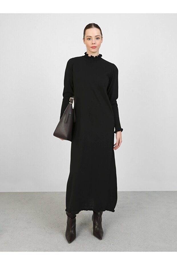 Ruffle Detailed Turtleneck Knitwear Hijab Dress - Black -