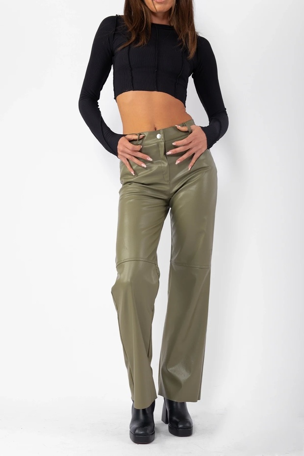 Yeşil Basic Deri Palazzo Pantolon - 4