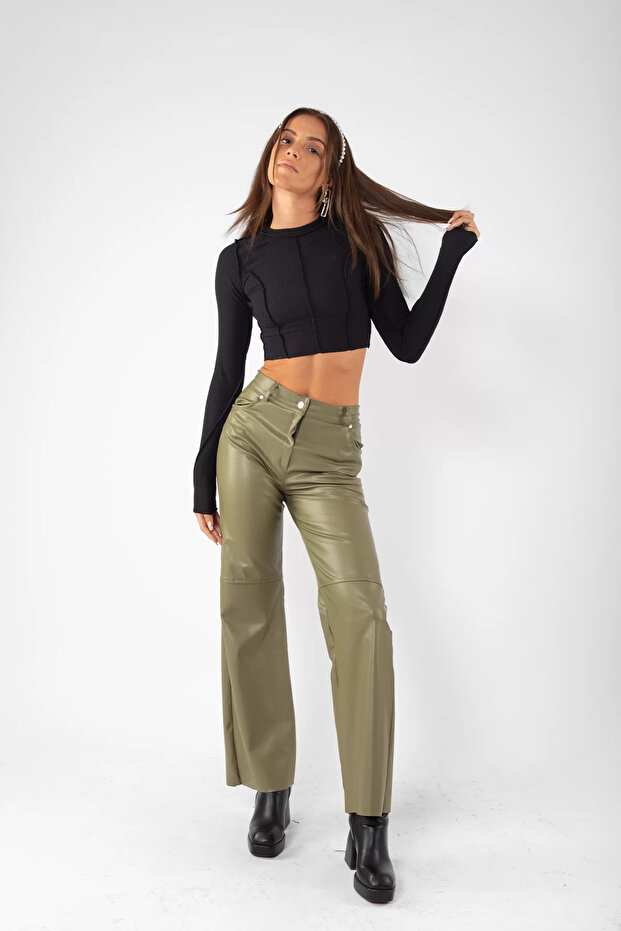 Yeşil Basic Deri Palazzo Pantolon - 5