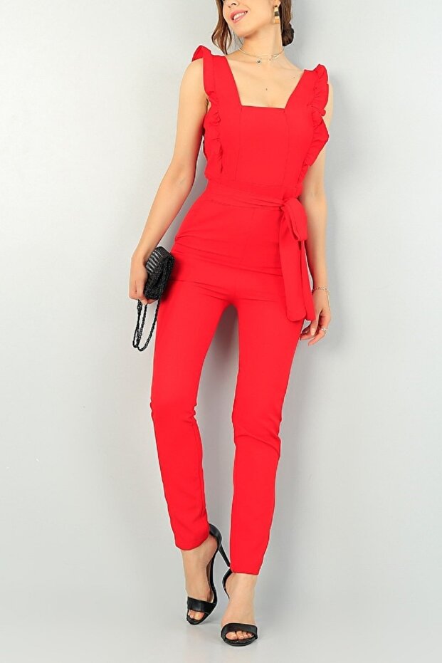 Crepe Fabric Square Collar Piece Red Evening Dress Jumpsuit Emr-106