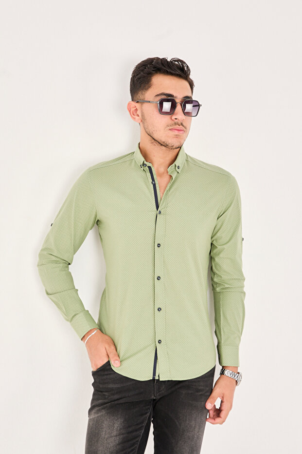 Green Pointed Printed Poplin Cotton Lycra Slim Fit Men's Shirt