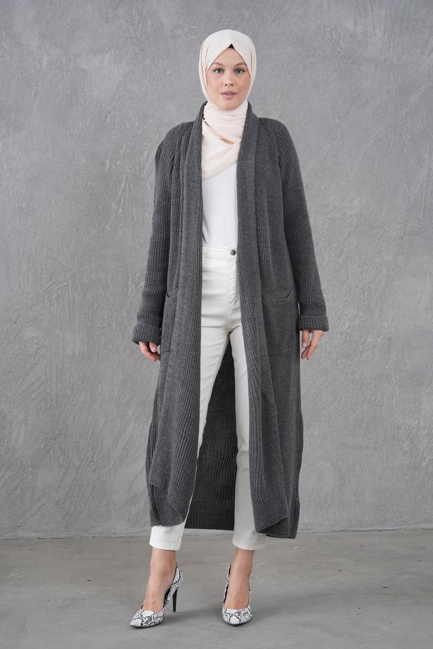 Anthracite Knitwear Fabric Double Pocket Shawl Collar Long Hijab Clothing Cardigan 5001