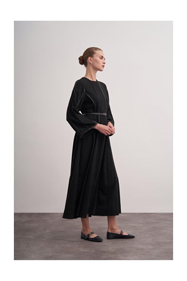 Şerit Detaylı Örme Kaşe Elbise - 3