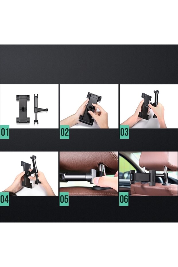 Car headrest mount compatible with tablets between 4.7-11 inches, 360 rotation, Universal, Black - 3