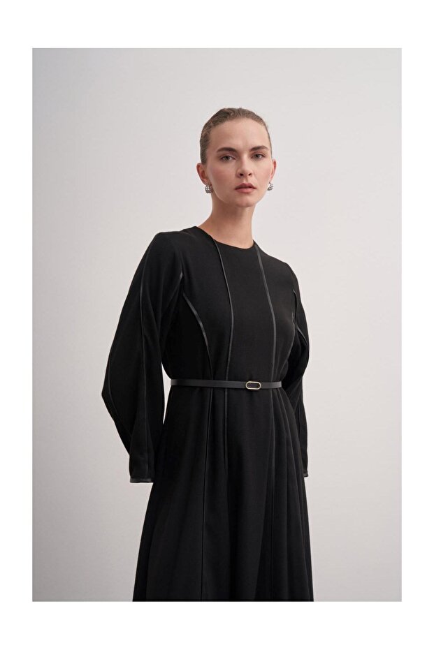 Şerit Detaylı Örme Kaşe Elbise - 2