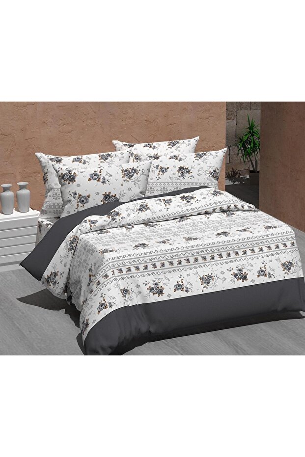 Sunrise Grey-Brown Floral Pattern Double Cotton Duvet Cover Set