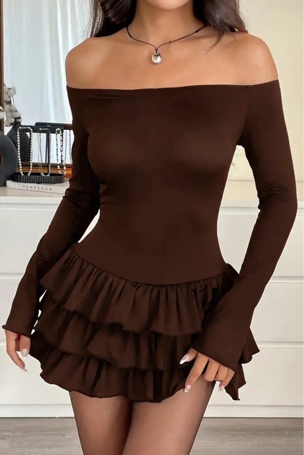9102 Eteği̇ Layered Boat Neck Long Sleeve Dress