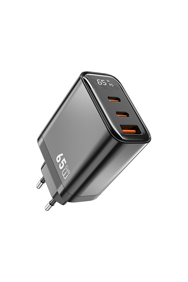 Wi-G012 Firefly Serisi Dual Type-C PD & USB-A GaN Teknolojili Hızlı Şarj Başlığı 65W Siyah - 1
