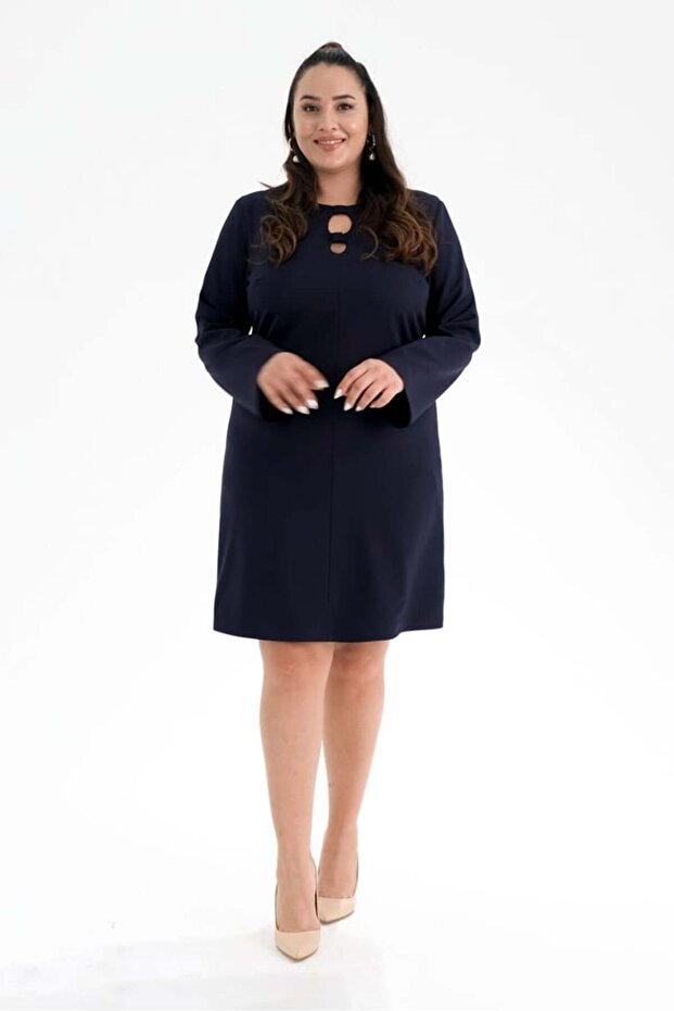 Women's Plus Size Navy Blue Dress with Collar Detail