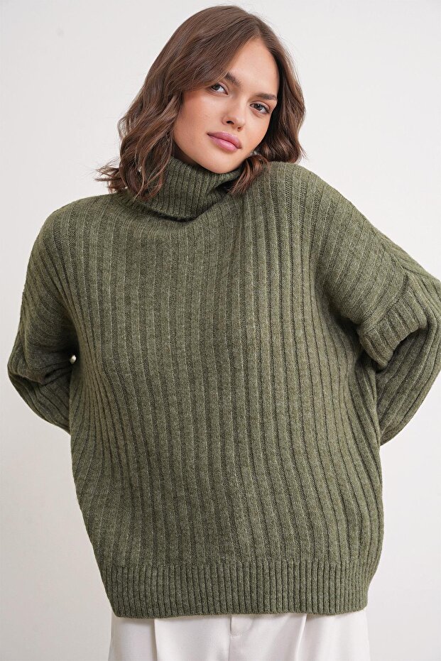 6928 Women's Ribbed Turtleneck Knit Sweater Khaki