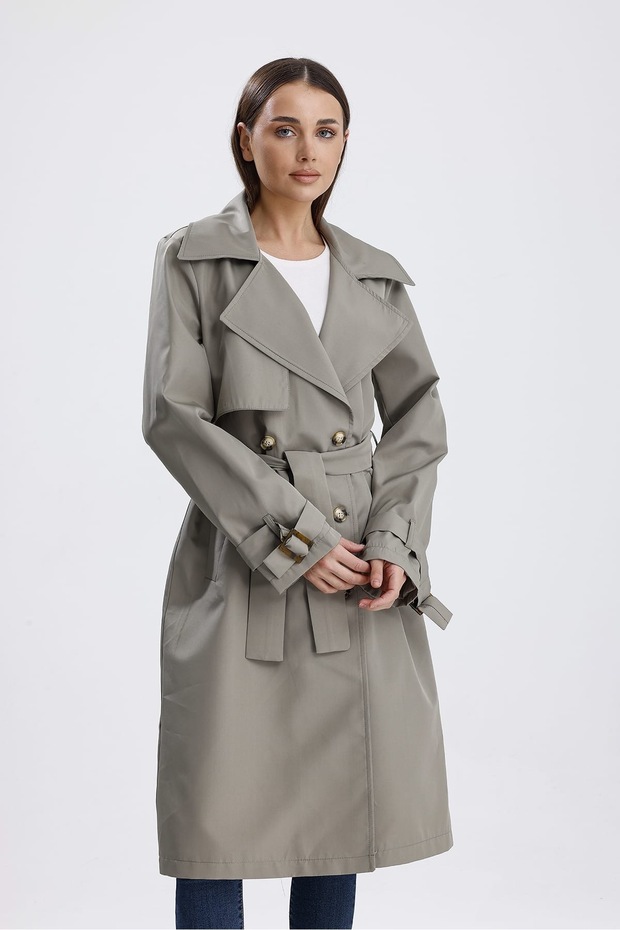 Mint Yeşili Astarlı Trençkot XL-Haki - 1