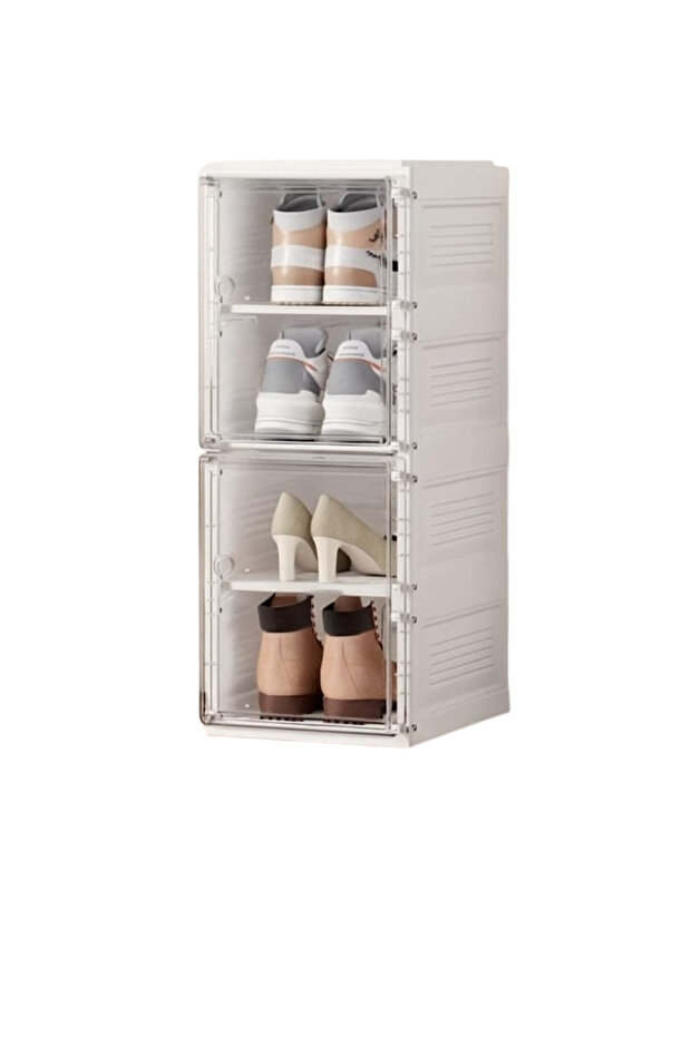 Stackable Shoe Storage Box Set, Clear Plastic, Front Opening Door, Modular Design, White